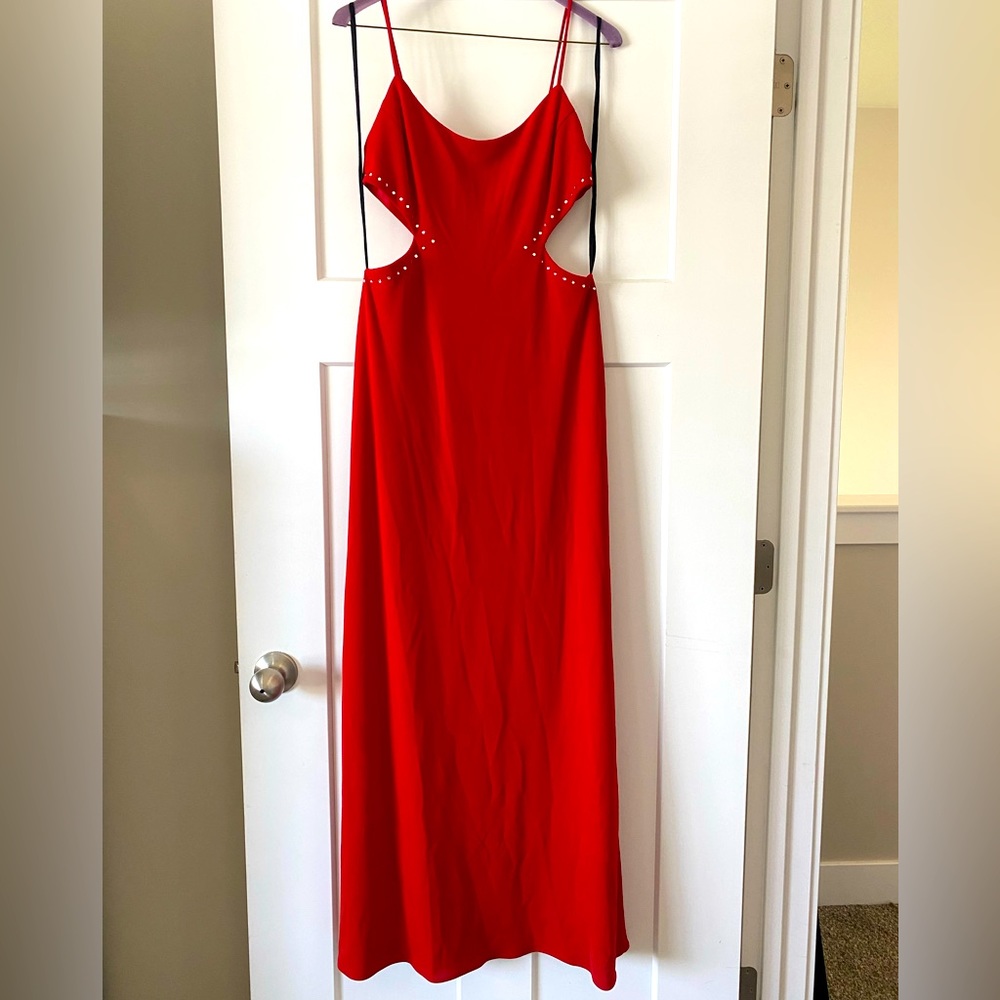 Red Formal Gown with side cut out and rhinestones